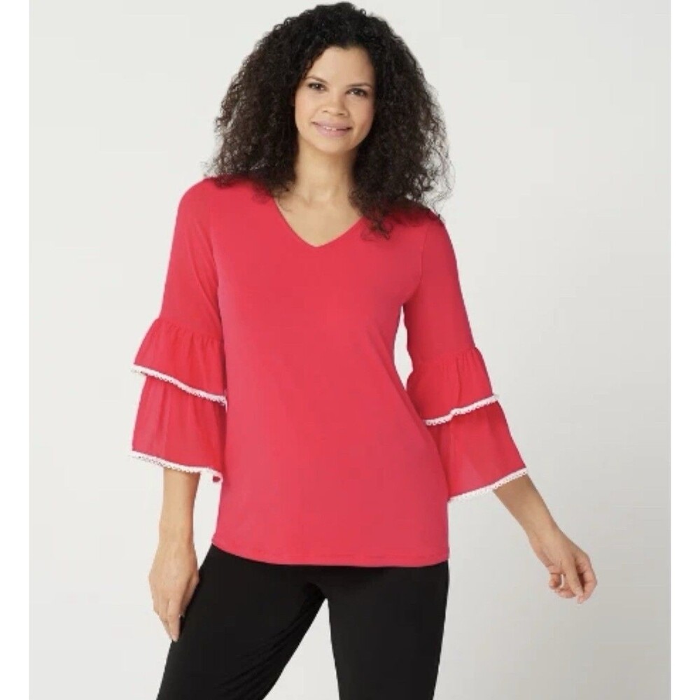 Susan Graver Liquid Knit Blouse M Chiffon Bell Sleeves Pink White Boho Feminine